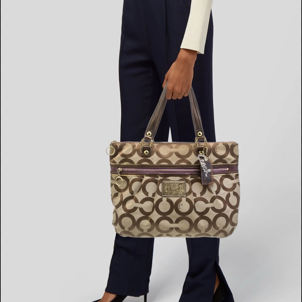 Coach Brown Signature Tote Bag with Leather Trim